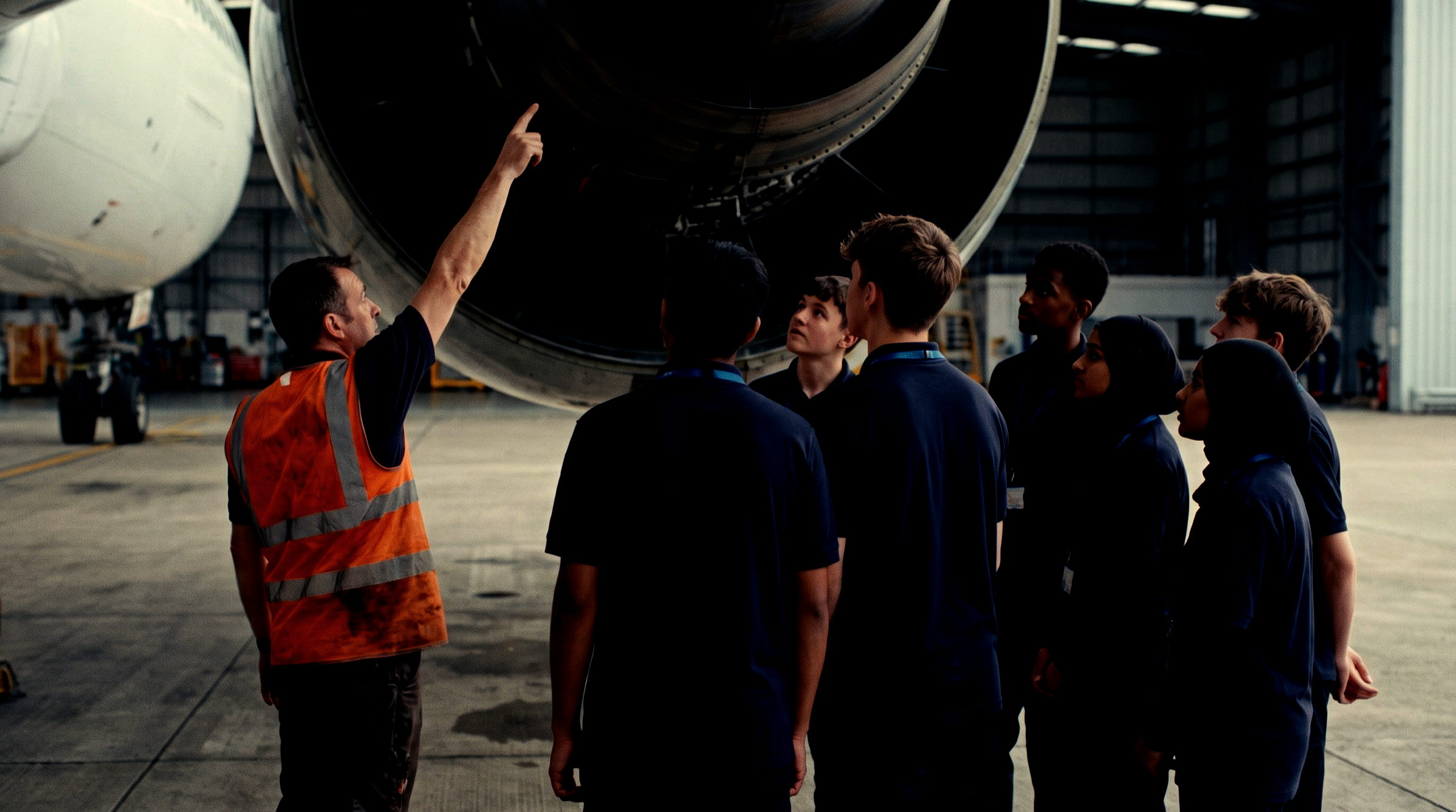 Students and an engineer looking up at an aircraft engine inside a hangar