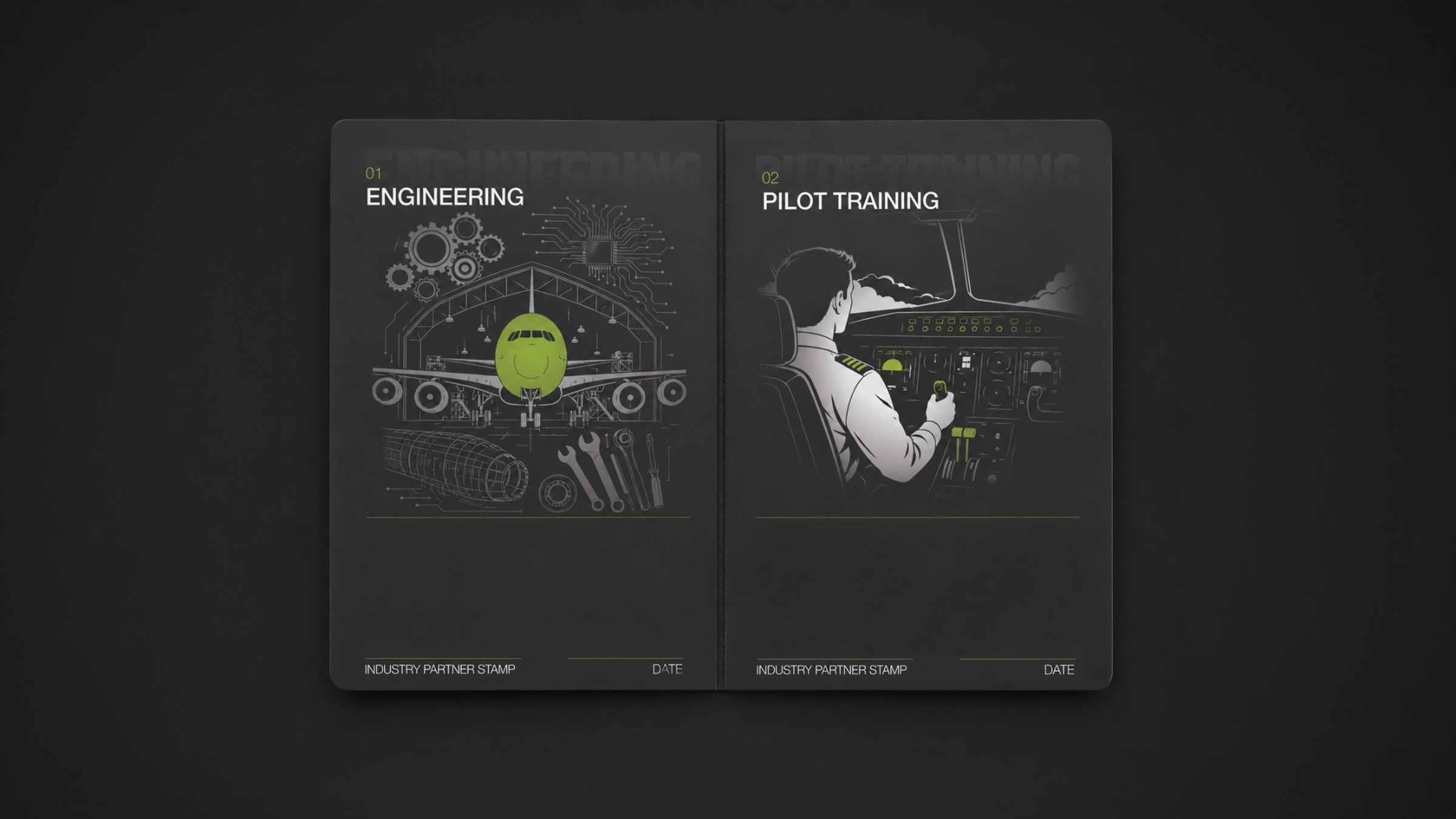 The Aviation Passport open at chapter pages, each with an industry partner stamp box