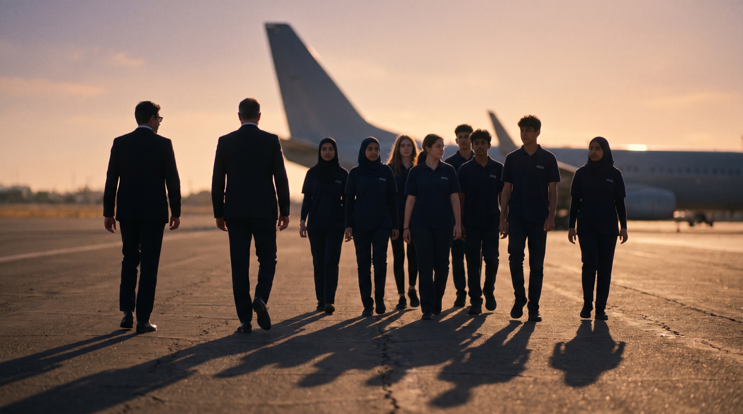 Two executives walking an airport apron at dawn with a group of students