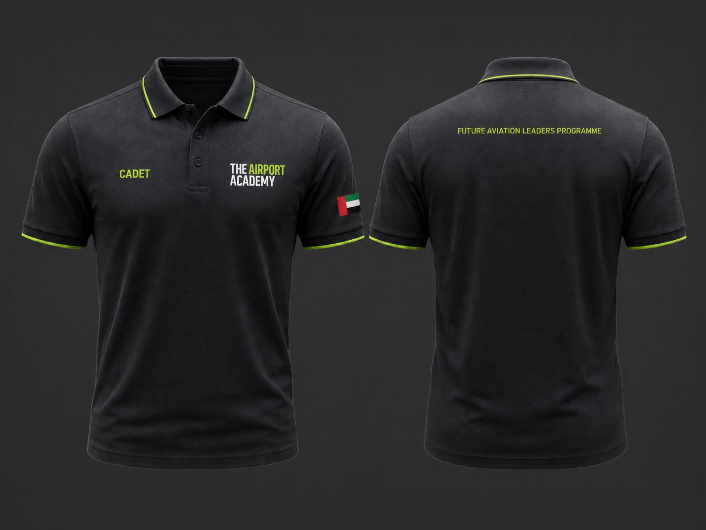 The student polo, front and back, with green collar and cuff trim and a UAE flag sleeve